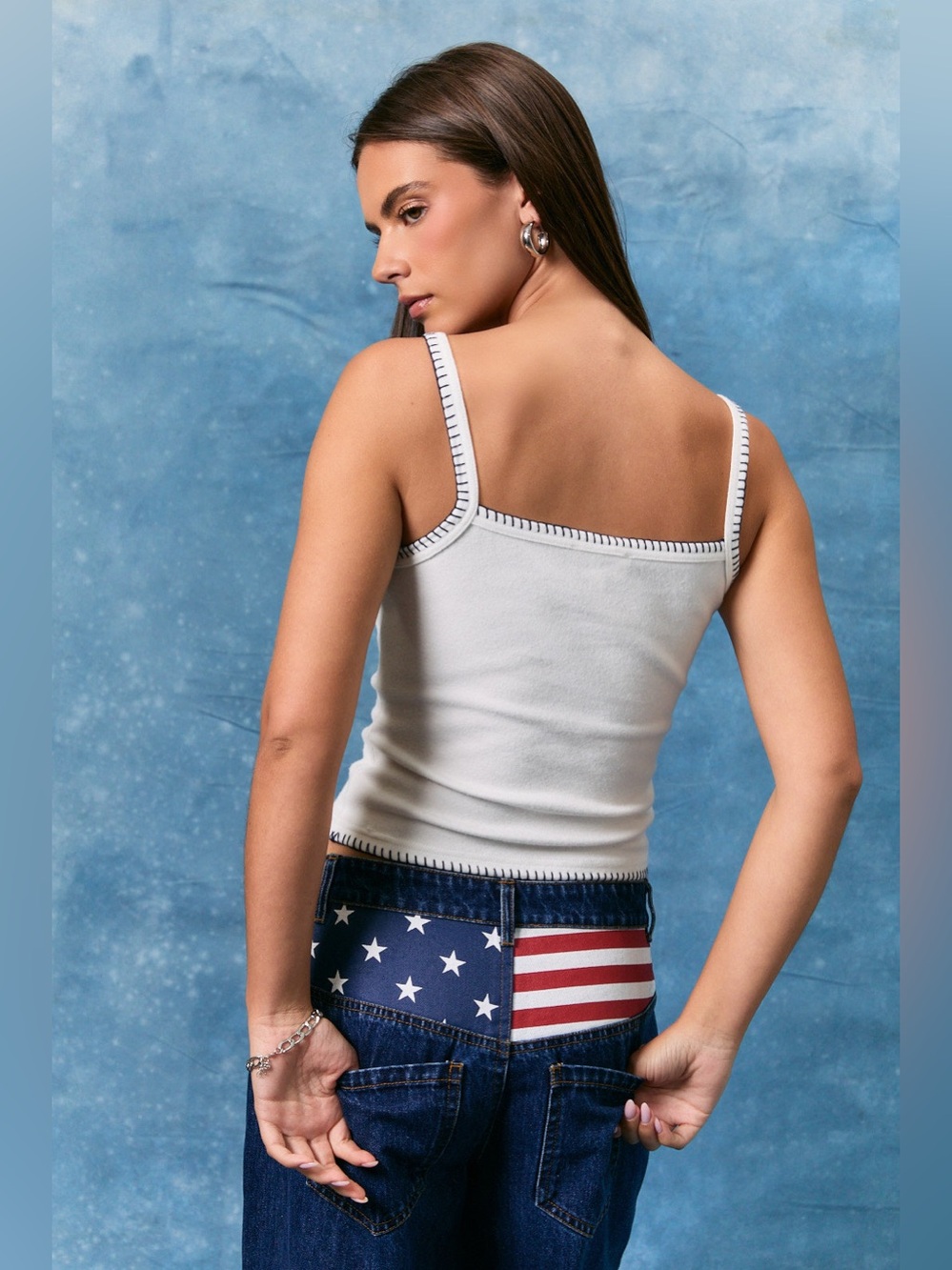 American Flag Patchwork Cropped Tank Top  with Contrast Trim - Le Lis - Picture 2 of 4